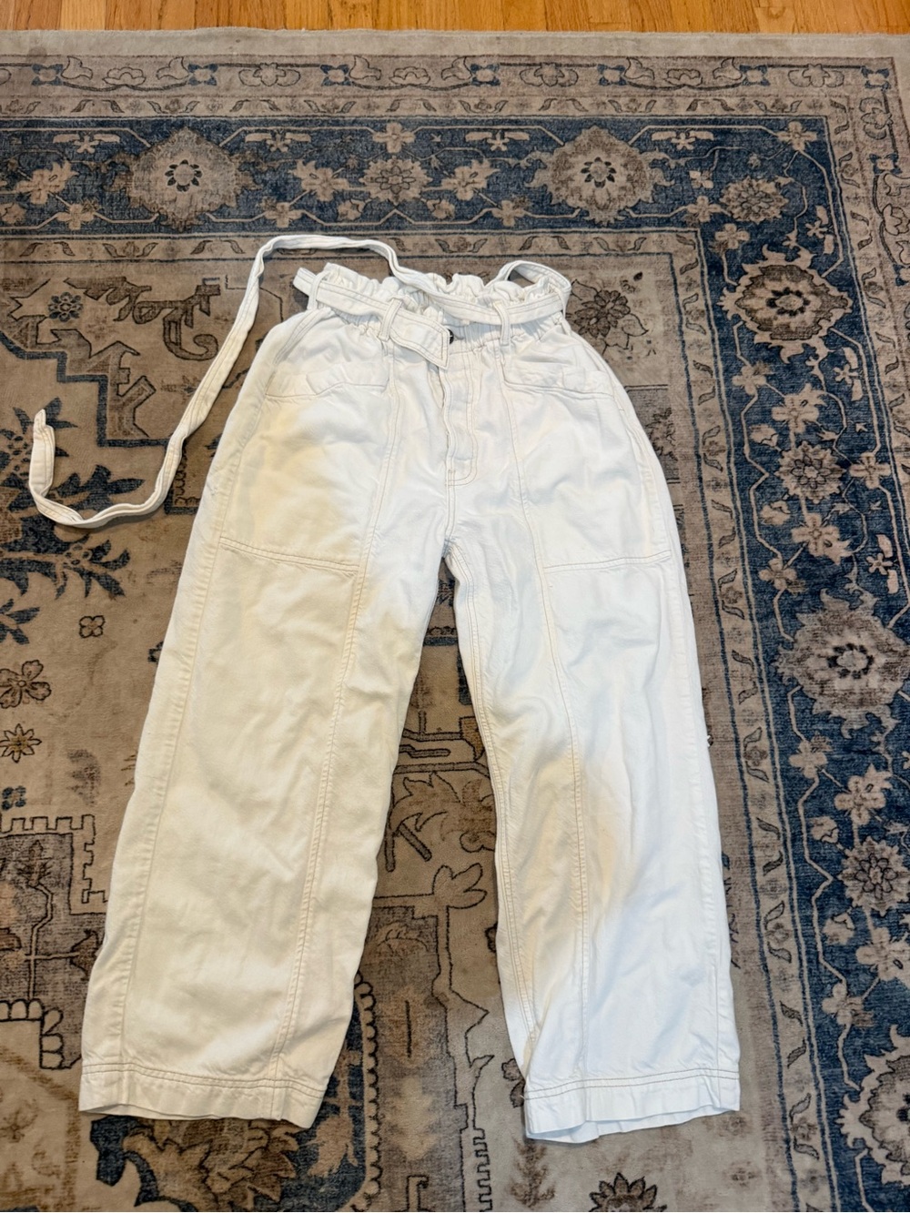 Paperbag Waist Wide-Leg Cotton Pants in Off-White